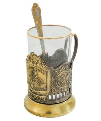 фото товара: Подстаканник латунный с чернением "Отечество, долг, честь" в наборе со стаканом и ложкой