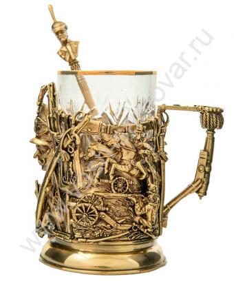 фото товара: Подстаканник латунный "Гусарский" в наборе со стаканом и ложкой. Художественное литье