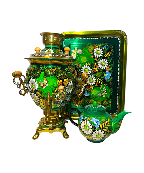 Самовар Весеннее солнышко электрический формой желудь 3л в наборе с подносом и чайником