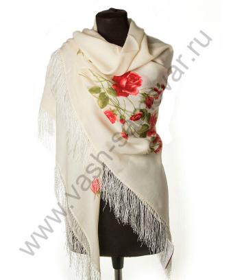 фото товара: Павлопосадский платок "Розы на снегу" белый
