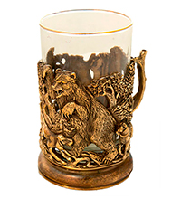 Подстаканник латунный "Охота на медведя" со стаканом, художественное литье