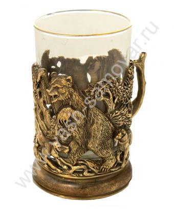 фото товара: Подстаканник латунный "Охота на медведя" со стаканом, художественное литье