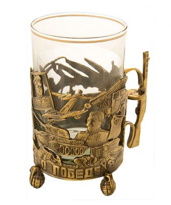 фото товара: Подстаканник латунный "Память о победе" со стаканом. Художественное литье