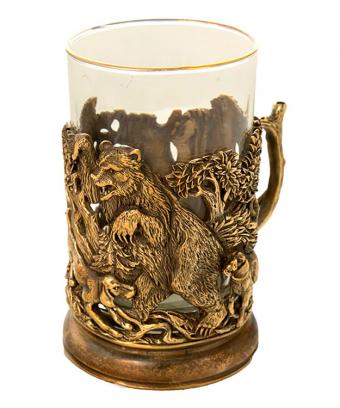 фото товара: Подстаканник латунный "Охота на медведя" со стаканом, художественное литье