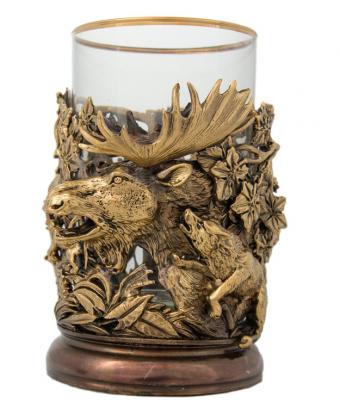 фото товара: Подстаканник латунный "Охота на лося" со стаканом. Художественное литье