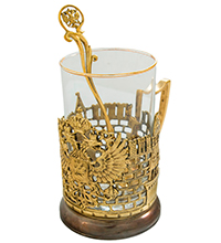 Подстаканник латунный "Гербовый" в наборе со стаканом и ложкой.  Художественное литье