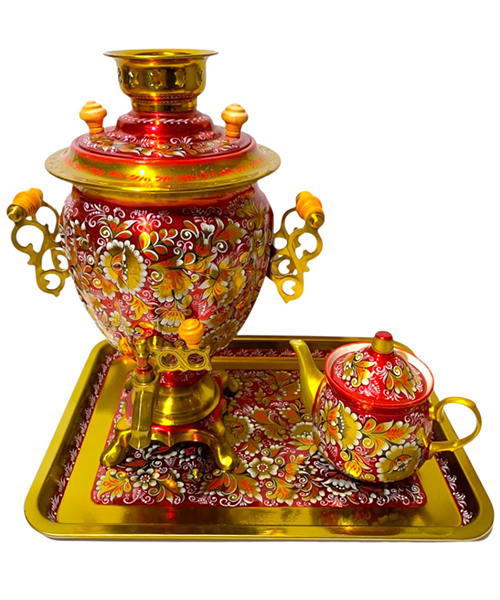 Самовар «Кудрина на бордовом» электрический формой жёлудь 3л в наборе с подносом и чайником