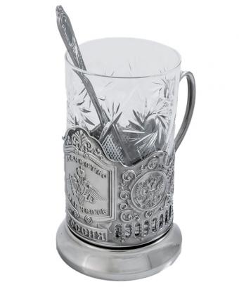 фото товара: Подстаканник никелированный с чернением "Отечество, долг, честь" в наборе со стаканом и ложкой