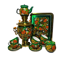 Самовар «Рябина на зелёном»  электрический формой желудь 3л в наборе с подносом и сервизом